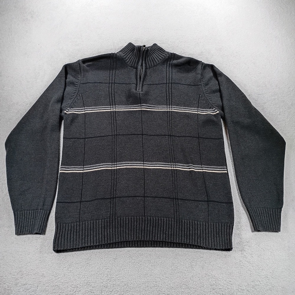 Oscar de la Renta Mens Quarter Zip Sweater Grey Large Grid Pattern Knit